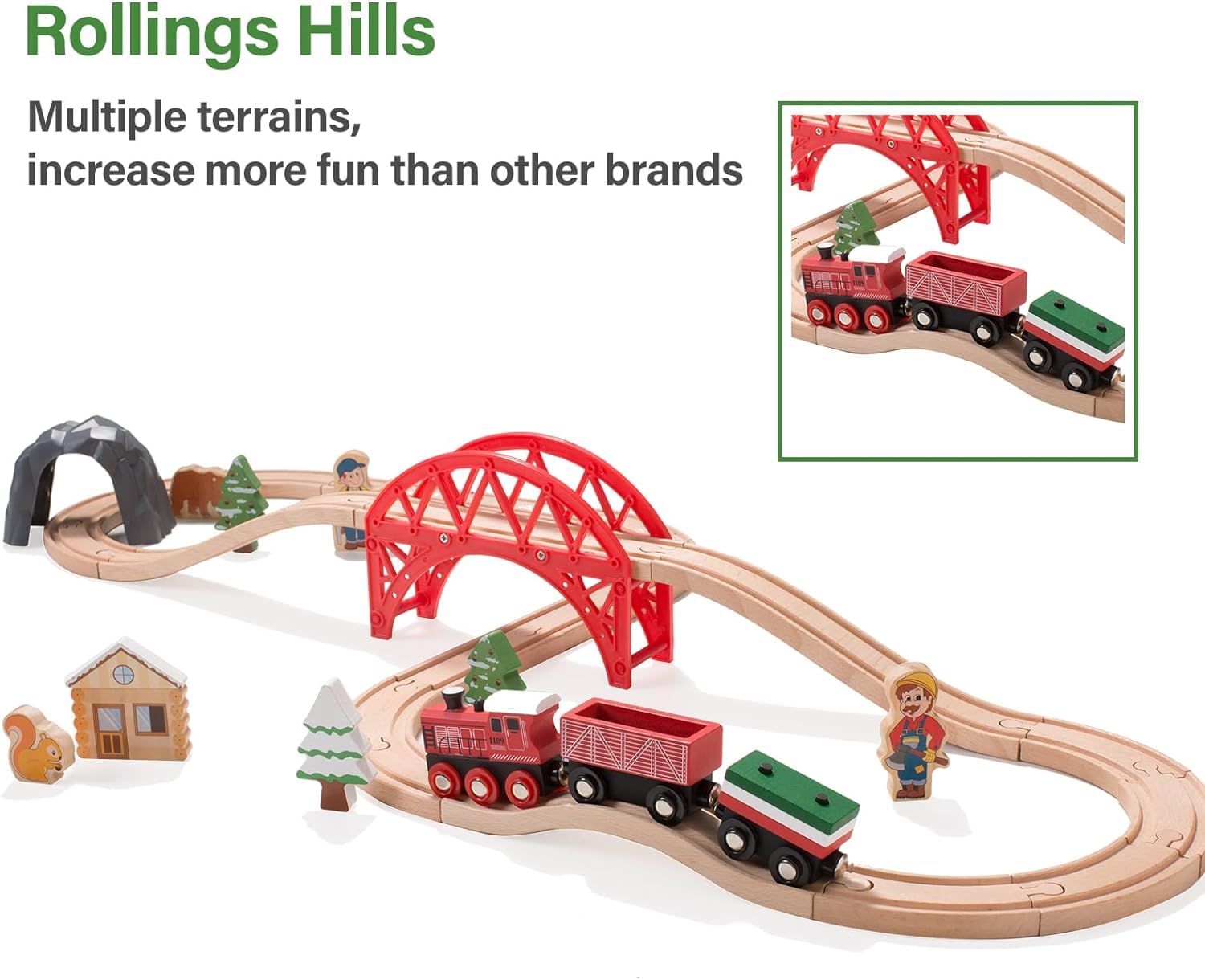 Giant bean Train en Bois pour Tout-Petits, Set de 36 Pièces sur Le Thème de la Forêt, Jouet Ferroviaire en Bois pour Enfants, Filles et Garçons de 3 à 7 Ans​ (Rouge, Bois)