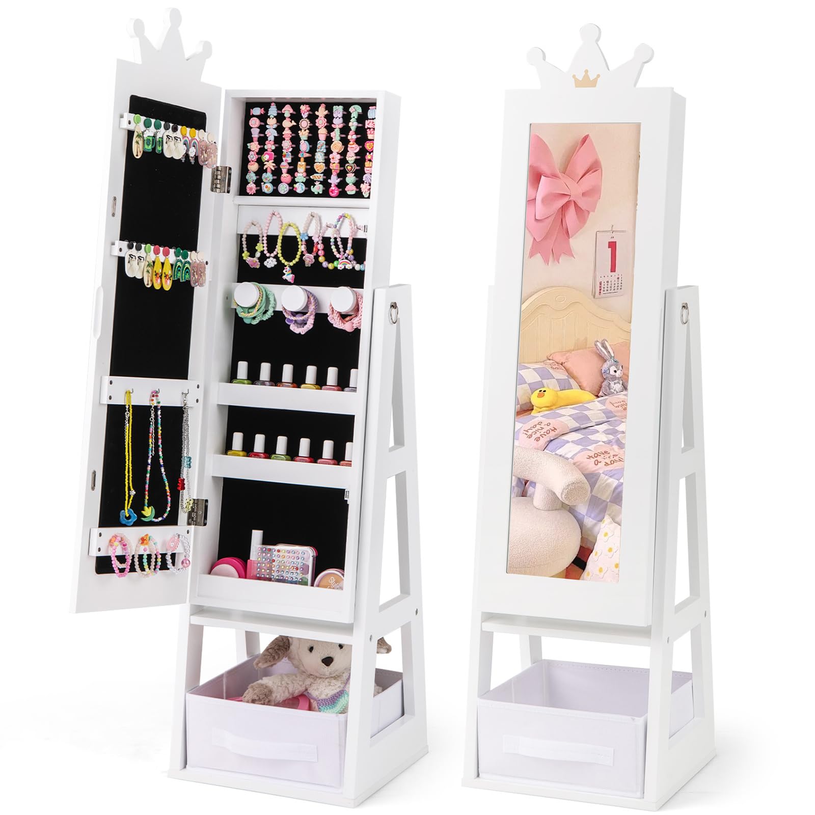 CHARMAID Kids Jewelry Cabinet - 45.5'' Standing Jewelry Armoire with Full Length Mirror, Storage Drawer and Back Shelf, Kids Jewelry Organizer Box Vanity Dressing Mirror for Girls (White)