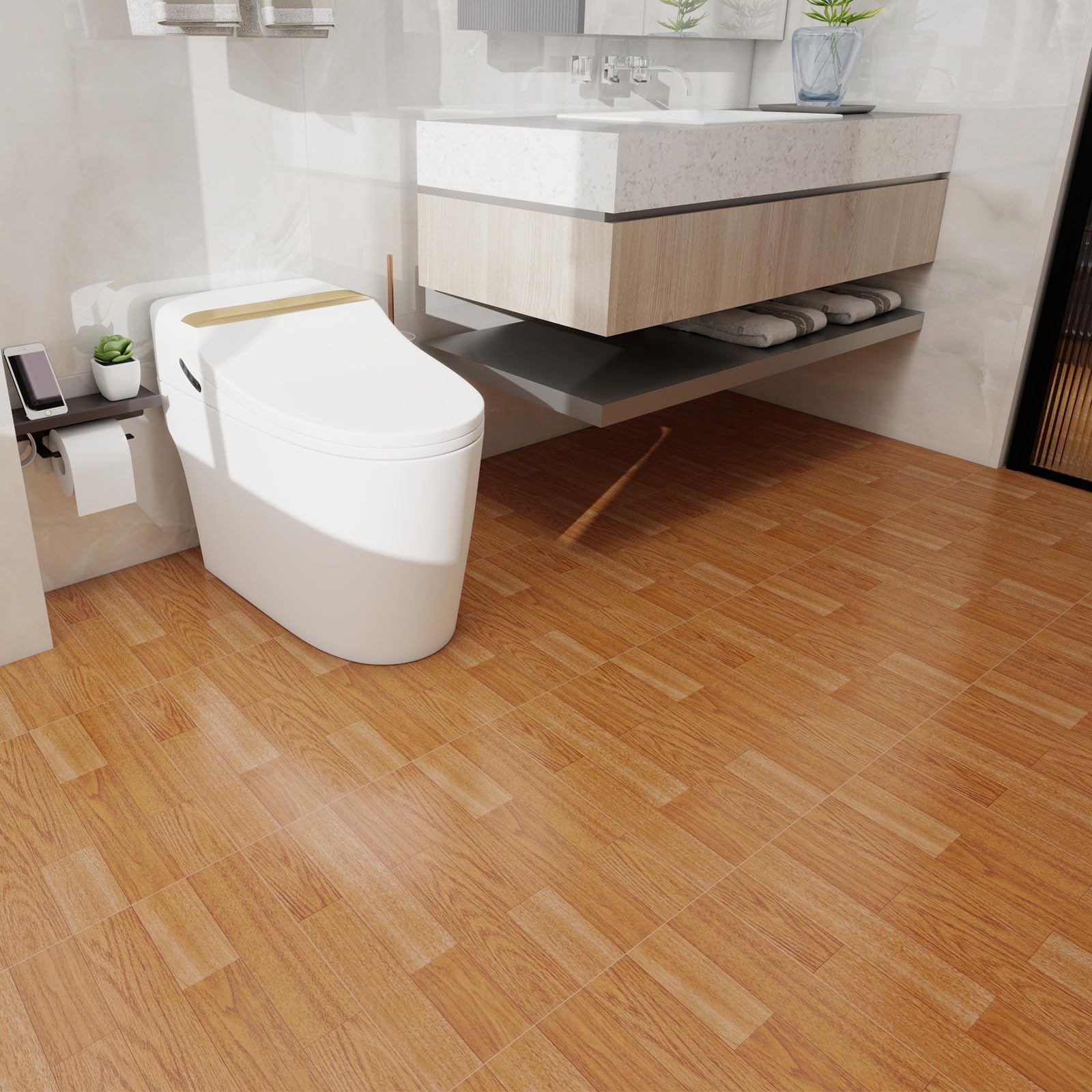 Piastrelle autoadesive per pavimenti in vinile, 30,5 x 30,5 cm, effetto assi fai da te, per cucina, bagno, camera da letto, soggiorno, 30 piastrelle in legno di quercia chiaro
