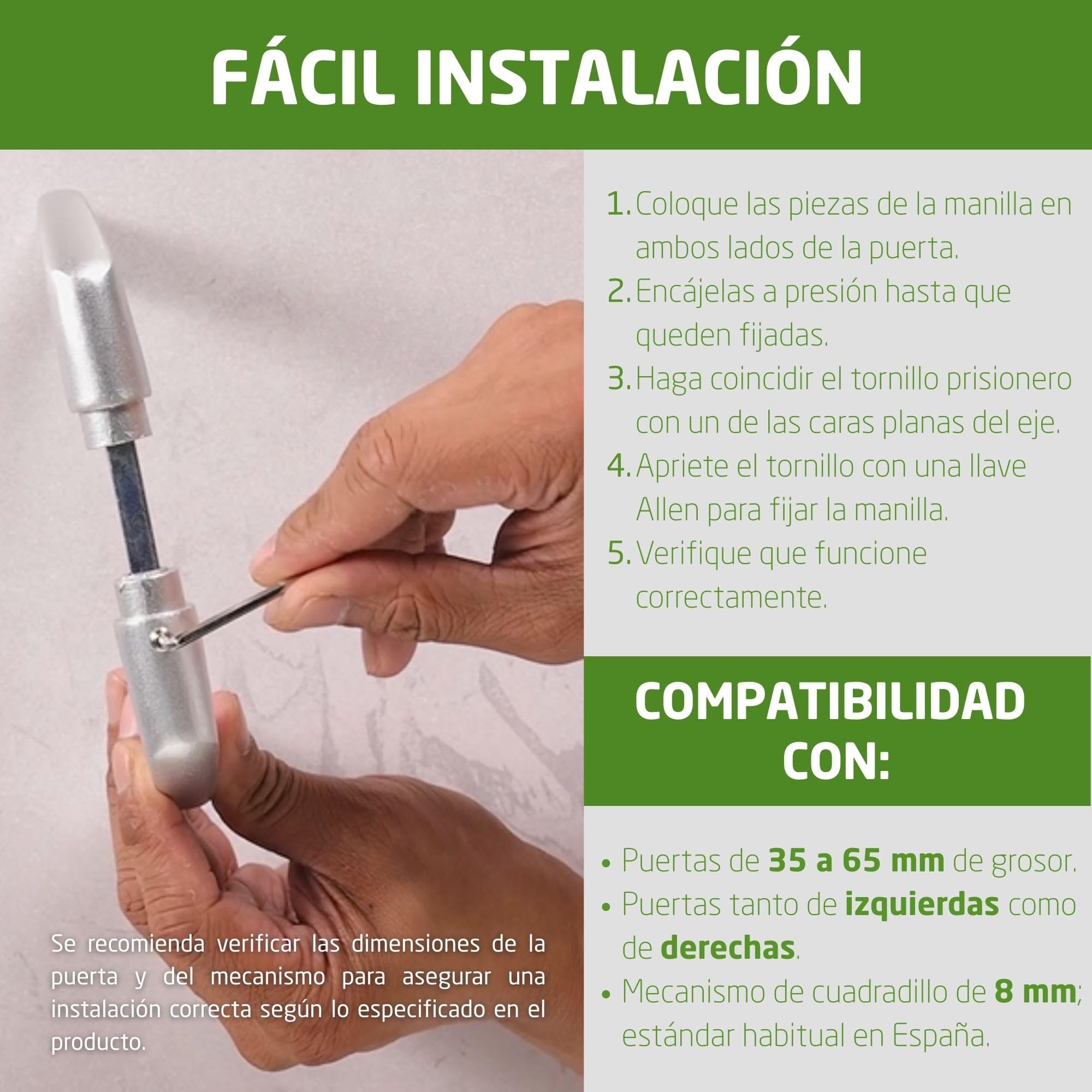 Amig - Set de 6 Juegos de Manillas sin roseta Plateado mate de Aluminio - 130 x 61 mm - Mod. 2113 - Cuadradillo 8 mm - Para puertas de 35 a 65 mm