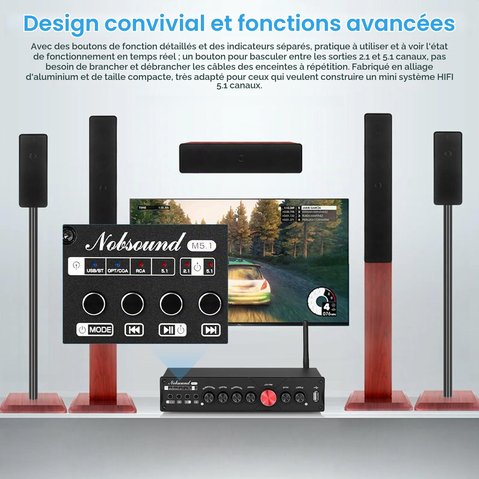 Nobsound HiFi 5.1 Canal Bluetooth Amplificateur stéréo Home Cinéma Amplificateur de Puissance Subwoofer Amplificateur Audio