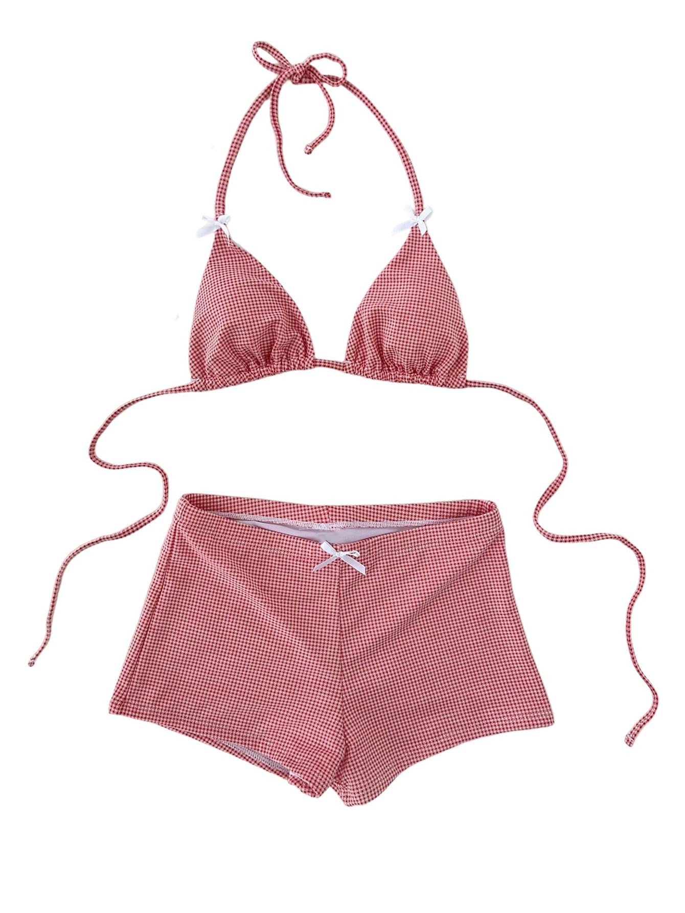 Women's Gingham Plaid Swimsuits Bow Triangle Halter Shorts Bottoms Bikini Sets Bathing Suit-image-32