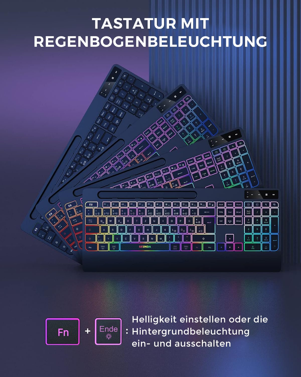 Seenda JPX006 kabelloses Tastatur Maus Set beleuchtet ergonomisch mit Handyhalter Handballenauflage leise Tasten QWERTZ