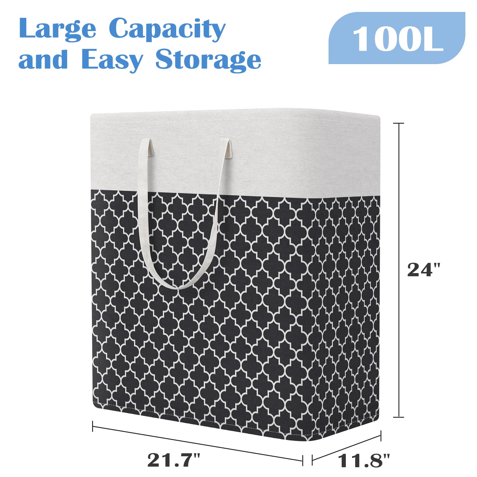 BlissTotes Cesto portabiancheria pieghevole, nero, 100 l, confezione da 3 | Cesto portabiancheria per camera da letto, cesto autoportante con manici, cesto portabiancheria