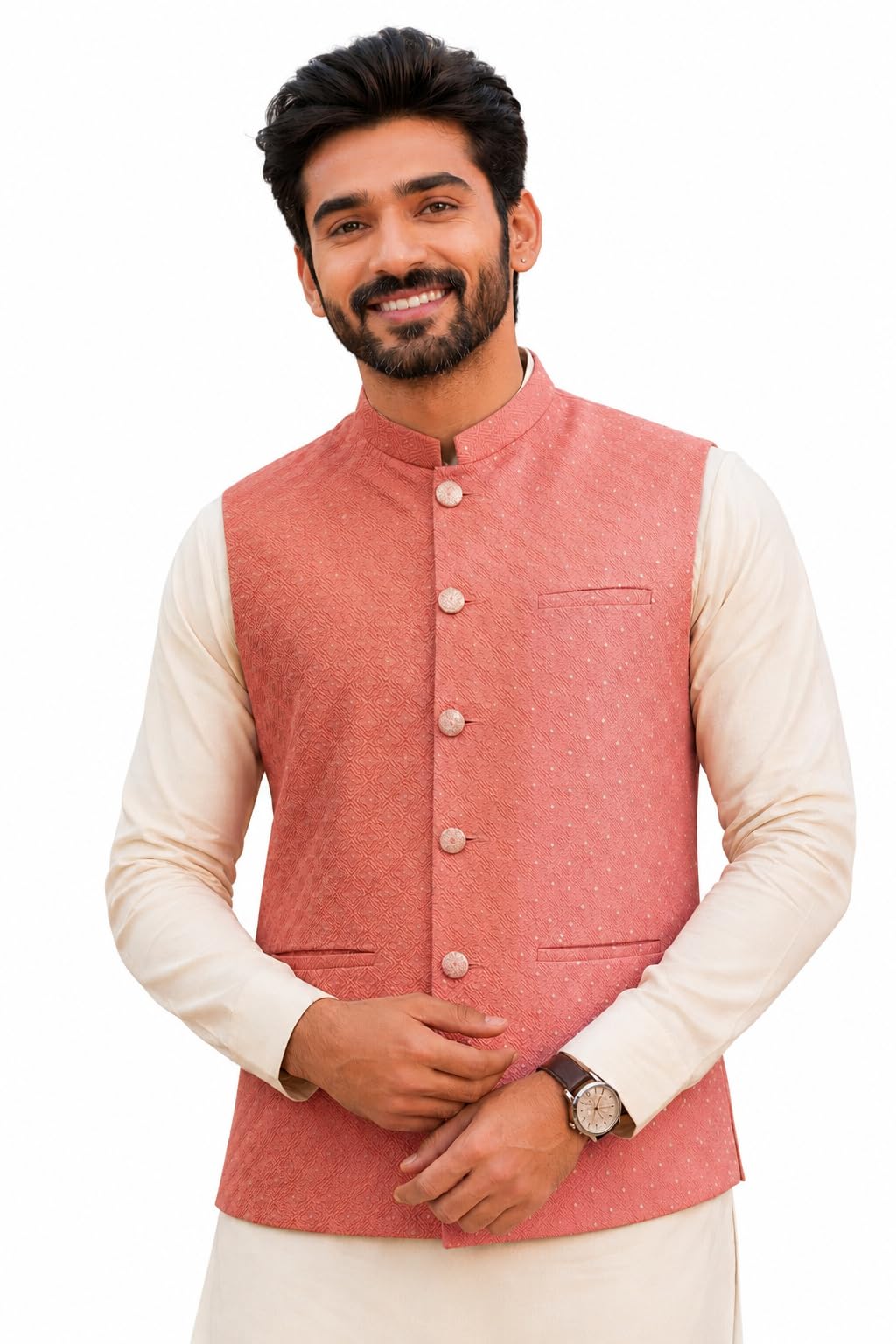 amazon brand - tavasya Blush Peach Men’s Floral Textured Festive Jacquard Nehru Jacket (HOPMJ617_M)-picture-12