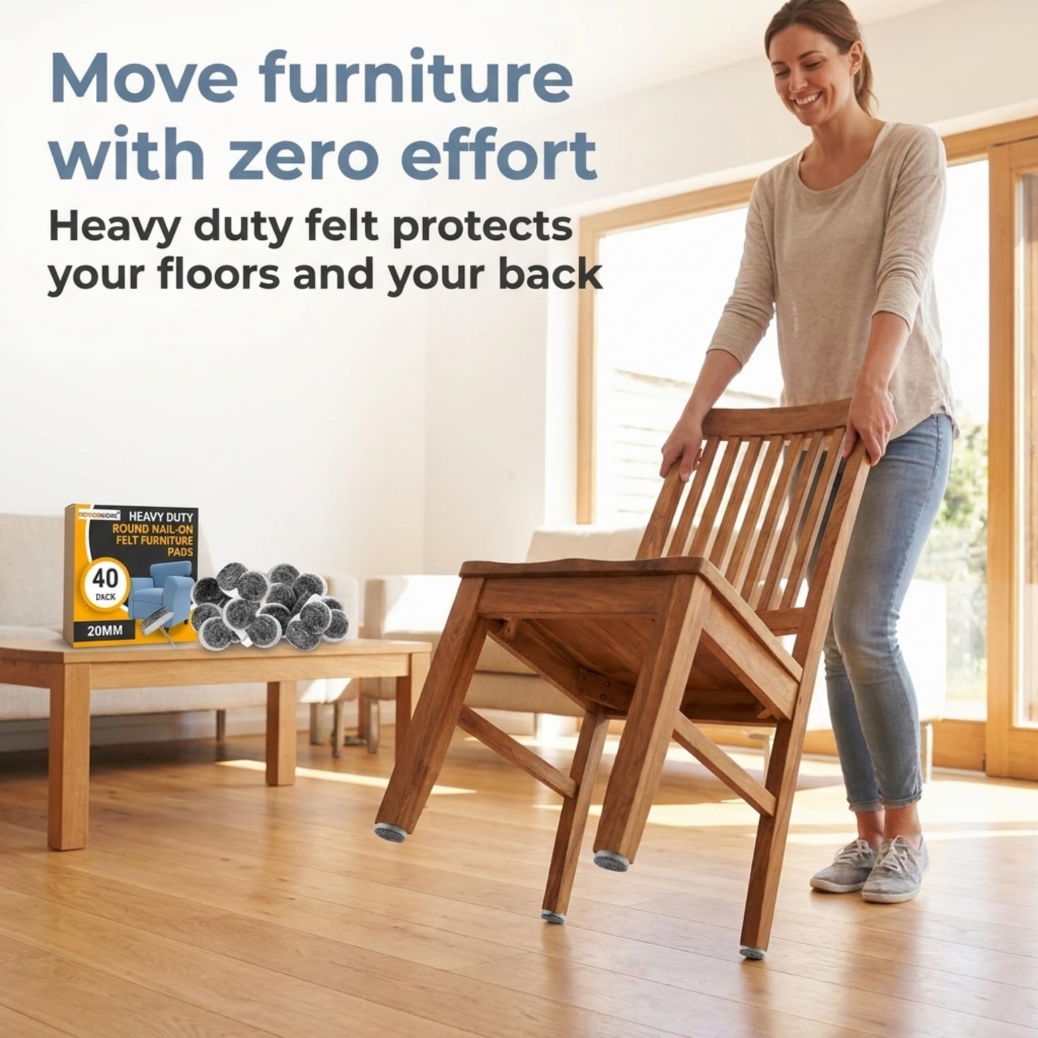 PERFORMORE 40 almohadillas de fieltro para muebles de fieltro de 20 mm, resistentes y redondas, antideslizantes para sillas de piso, para mesas de muebles de madera, sofás, gabinetes y más