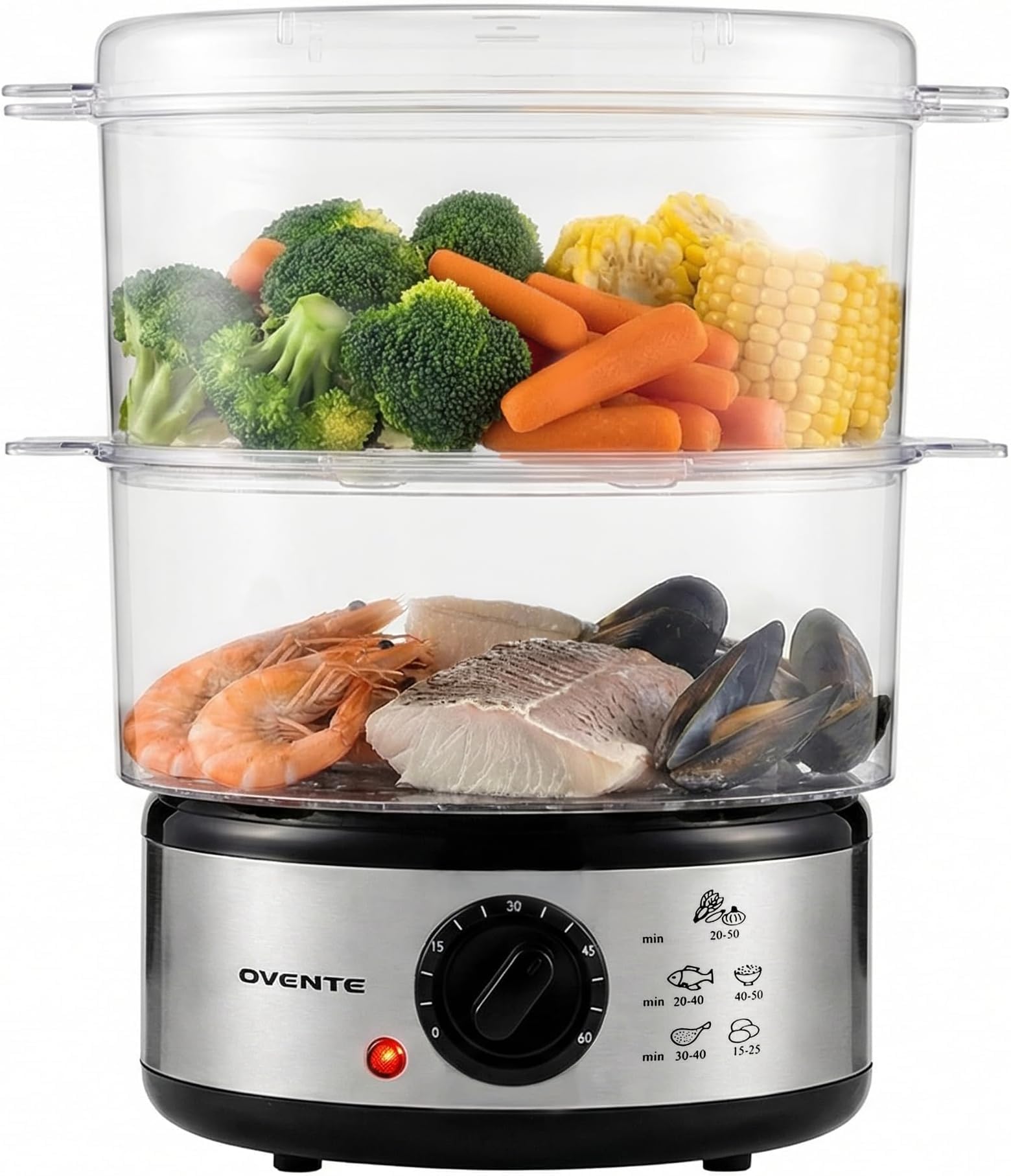 OVENTE 2-Tier Electric Food Steamer,5 Quart Stainless Steel Stackable Steam Cooker with 400W Power,60-Minute Timer &amp; Auto Shut-Off,Dishwasher Safe, Vegetable &amp; Seafood,Silver FS62S,(Pack of 12)