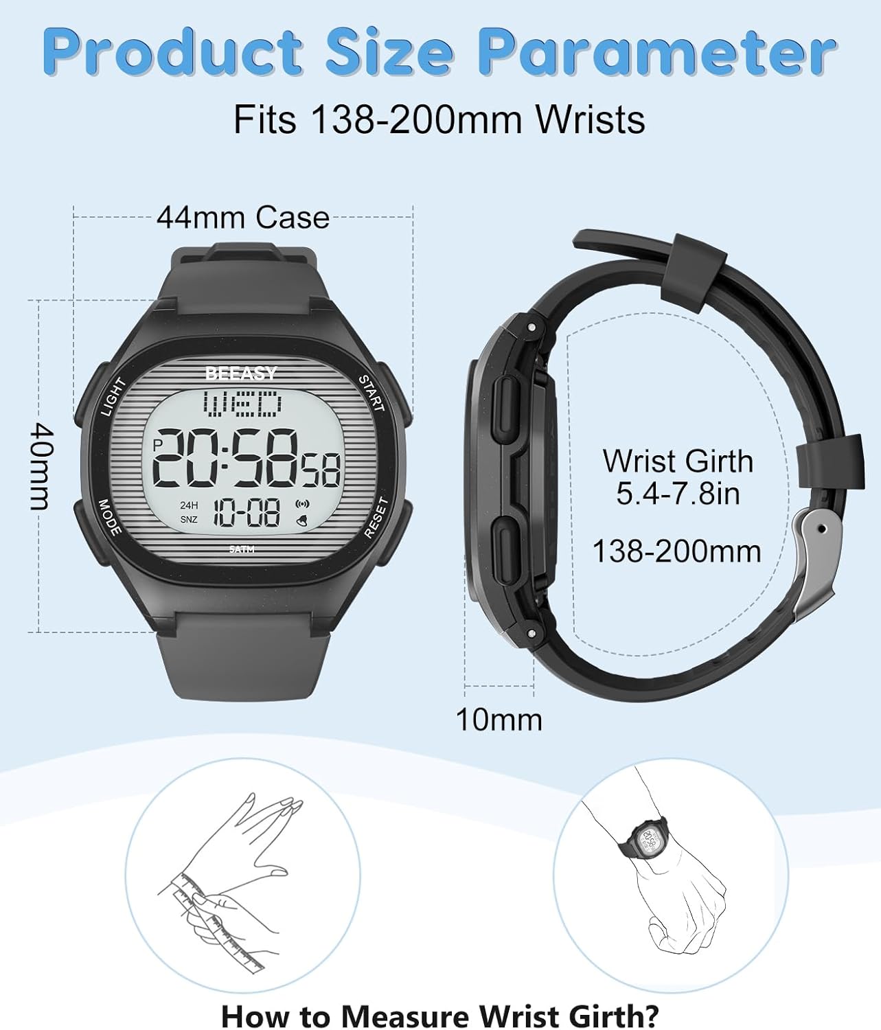 Diagram showing dimensions of Beeasy Kids Digital Watch AW01 case and strap