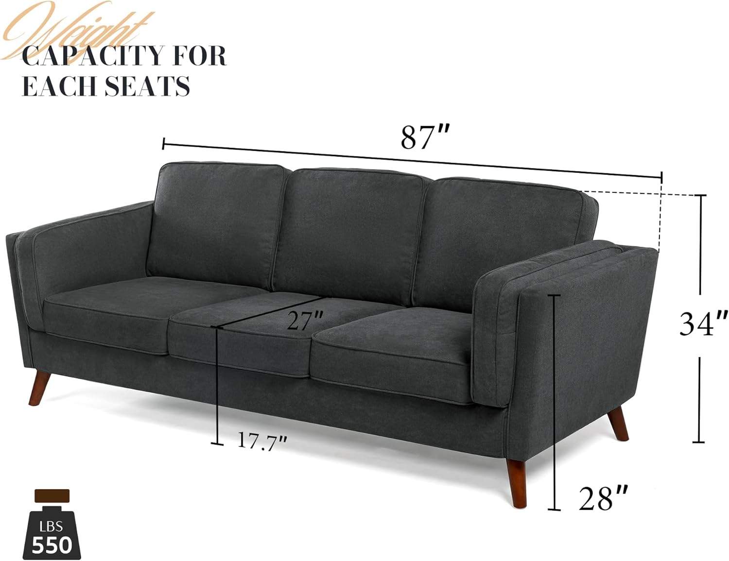 VanAcc 87in Sofa Modern Sofa Couch – Embedded Arm Pillow 3 Seater Sofa Deep Seat Sofa for Livingroom House, Dark Grey