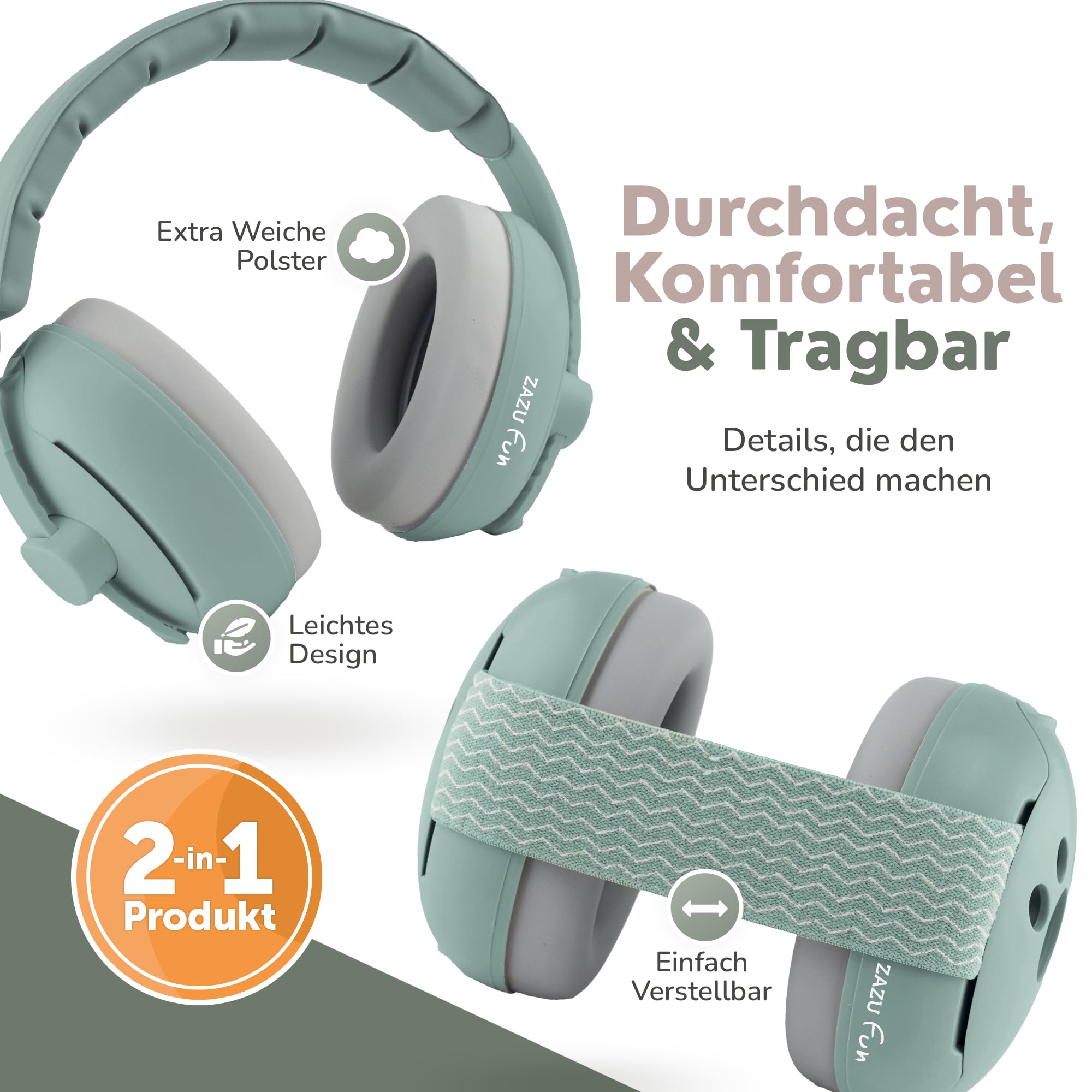 ZAZU Kinder Gehörschutz-Kopfbügel & Kopfband Set – Lärmschutz für Babys und Kleinkinder 0–48 Monate – sanft, verstellbar & anpassbar in verschiedenen Farben