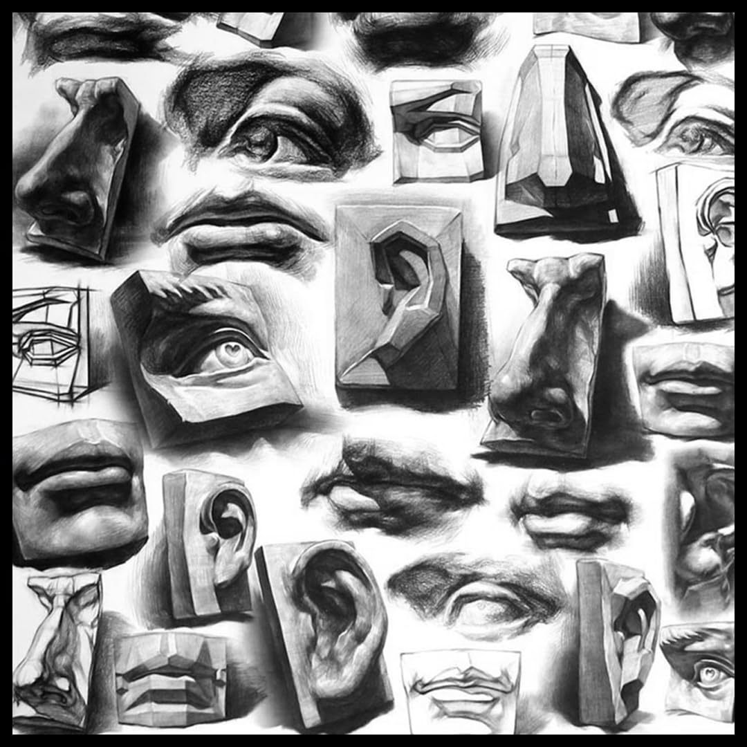 Kunstharz-Pflaster-Skulptur mit Gesichtszügen (Augen, Ohren, Nase, Mundkontur und Schattierung), Skizze und Farbe, universell, Stillleben-Zeichnung und Portraitformung, Lernwerkzeug (ein Set mit 4
