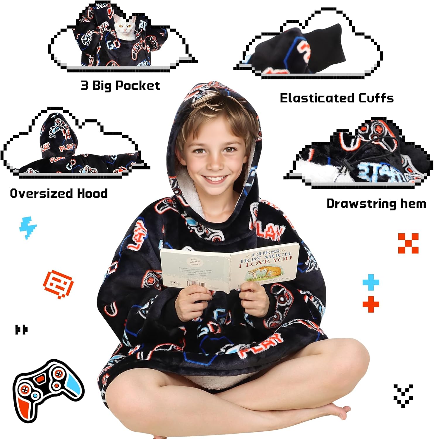 REXEO Wearable Blanket Hoodie for Kids Fleece Sweatshirt Blanket Gamer Gifts for Boys Girls Flannel Hooded Blanket with Pocket and Sleeves for Kids - Image 6