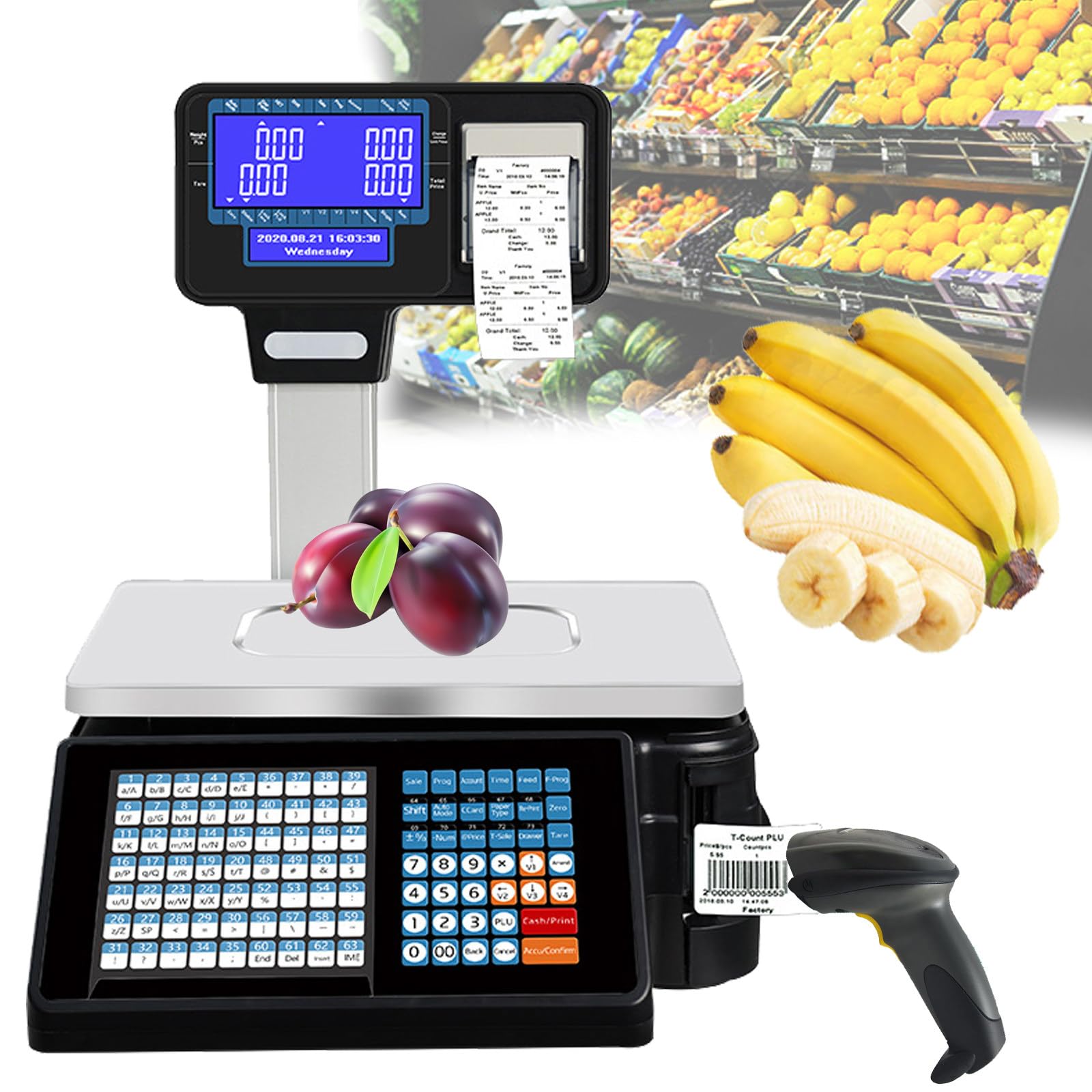 MYUYEE 30Kg/60Lbs Printing Scale Dual Screen Display Label Printing Scale Commercial Cash Register For Supermarket/Retail Store/Warehouse Weighing (B)