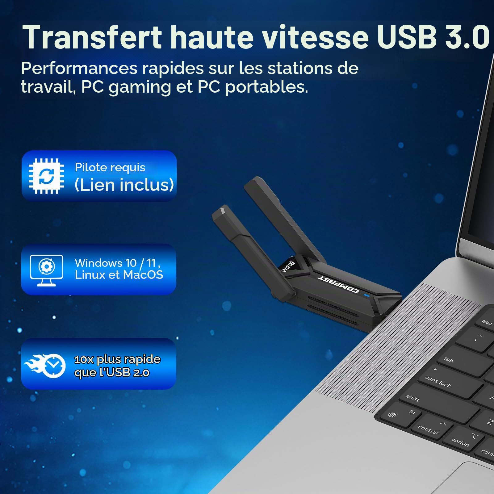 Clé WiFi 7 Adapteur Puissante BE6500 par MMOBIEL – Tri-Bande (6/5/2.4GHz) 6452 Mbps USB 3.0 WiFi avec Antenne Externe, WPA3, 4K-QAM, Plug & Play - pour Windows 11/10/Mac/Linux PC & Laptop Portable