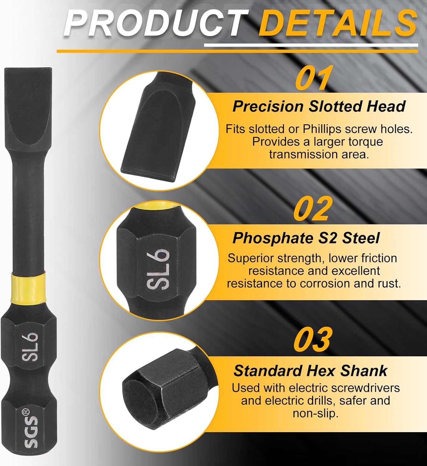 HARFINGTON 5pcs SL6 Slotted Impact Screwdriver Bits 6mm Slotted Tip 1/4" Hex Shank 50mm (2") Long Magnetic Flat Head Phosphated S2 Steel Screw Driver Drill Bits Electric Power Tool