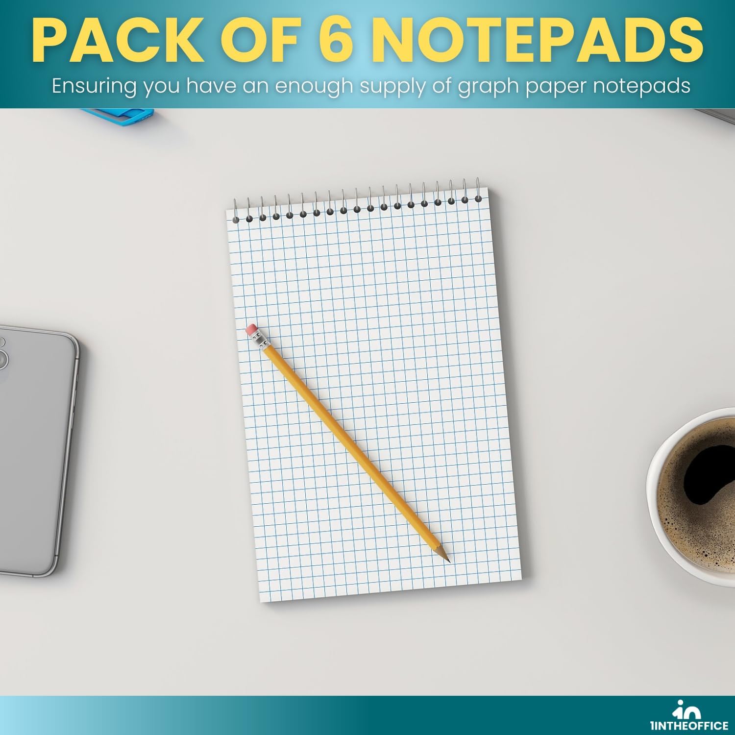 1InTheOffice Graph Paper Notepad 6" x 9", Quad Ruled Spiral Steno Note Pad 6x9, White, 80 Sheets/Pad, 6 Pads/Pack