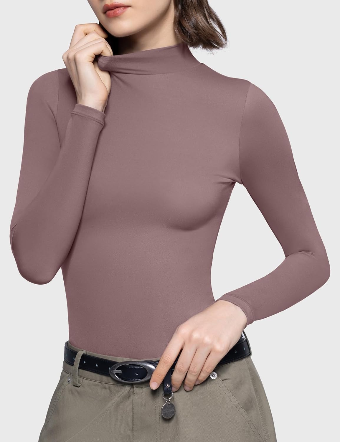 PUMIEY Women's Long Sleeve T Shirts Mock Turtleneck Slim Fit Tops Sexy Basic Tee Smoke Cloud Pro Collection - Image 5