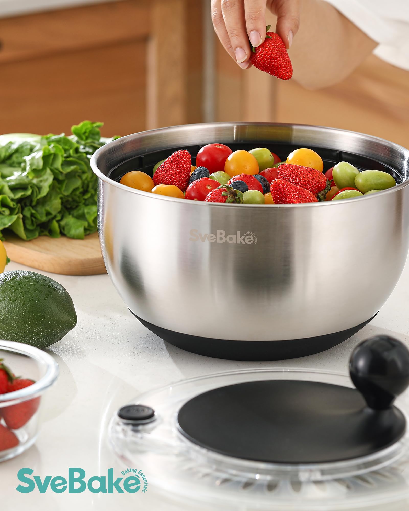 SveBake Essoreuse à Salade en Acier Inoxydable, 5L Spinner à Salade avec Bouton Stop, Base Antidérapante, Passe au Lave-Vaisselle, Sans BPA