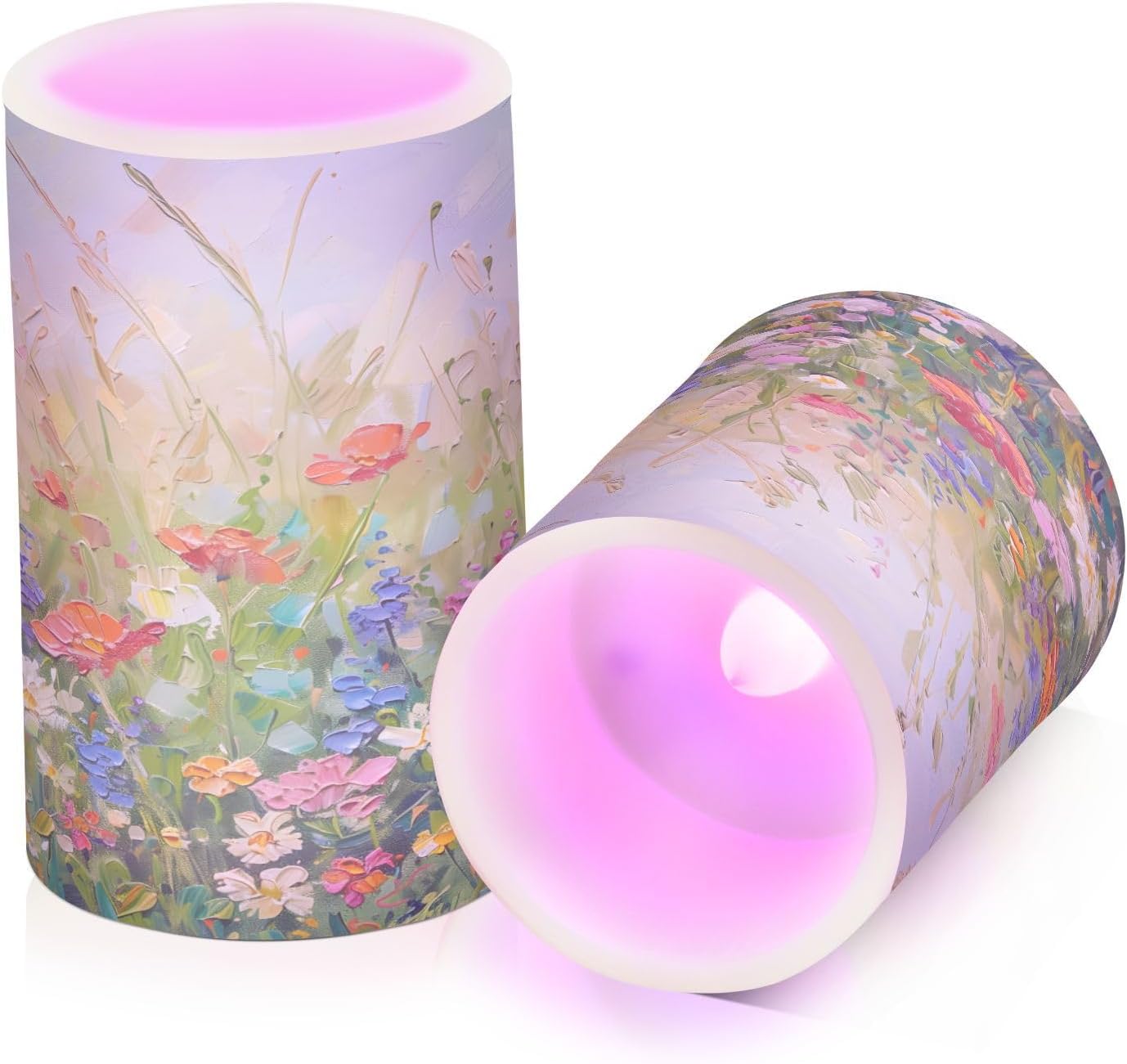 ALAZA Wildflower Watercolor Oil Painting Flickering Flameless Candles Pillar Led Candles Battery Operated Candles with Remote and Timers Set of 2