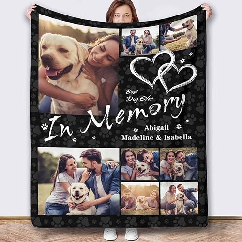 Manta conmemorativa personalizada para perros con nombre por pérdida de perro, manta personalizada de collage de fotos, mantas de recuerdo de