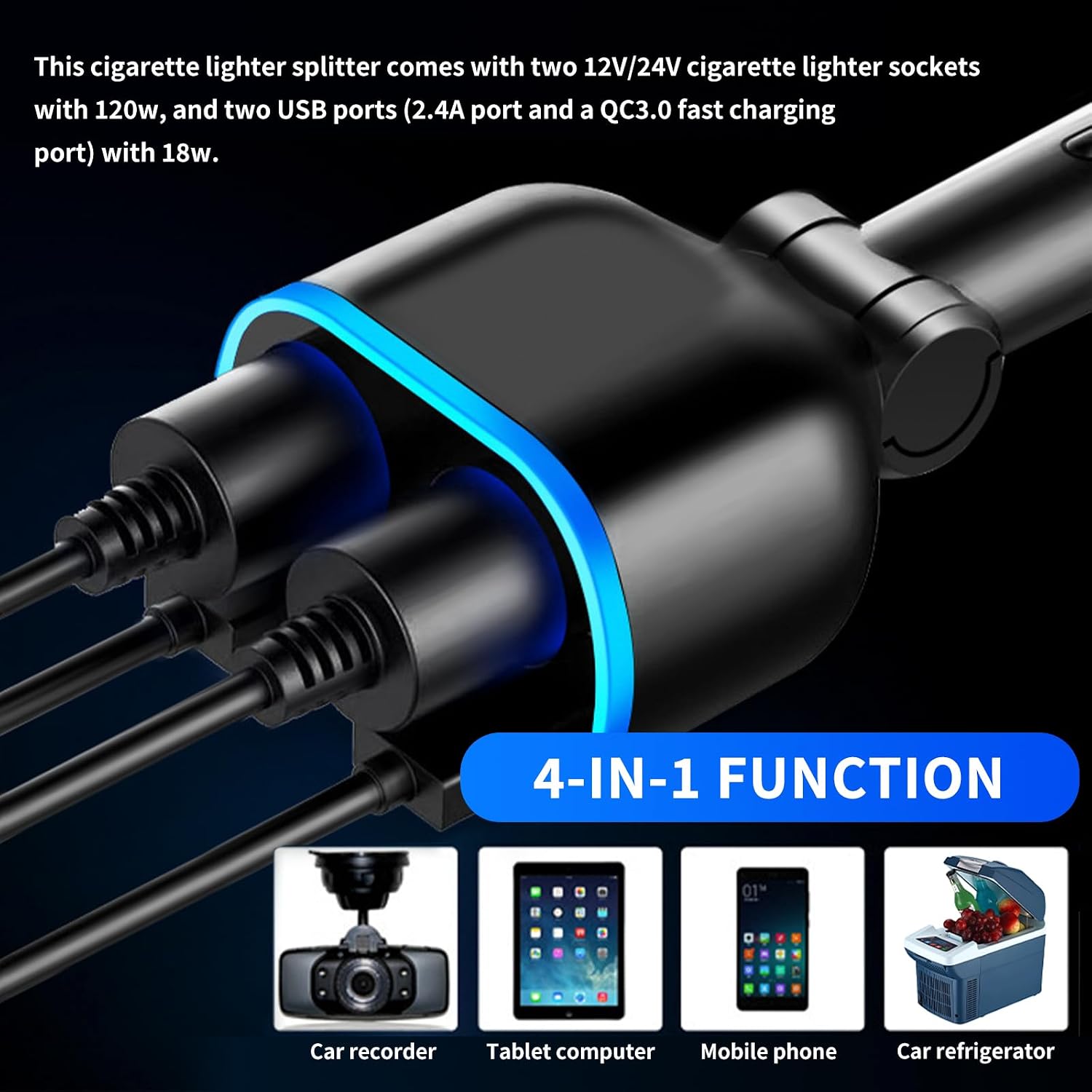 2026 Upgrade Car Cigarette Lighter Splitter,4 in 1 Double Cigarette Lighter Adapter with USB Port 2.4A & QC3.0 Super Fast for Mobile Phone,Dash Cam,12/24V Car Charger with LED Voltmeter