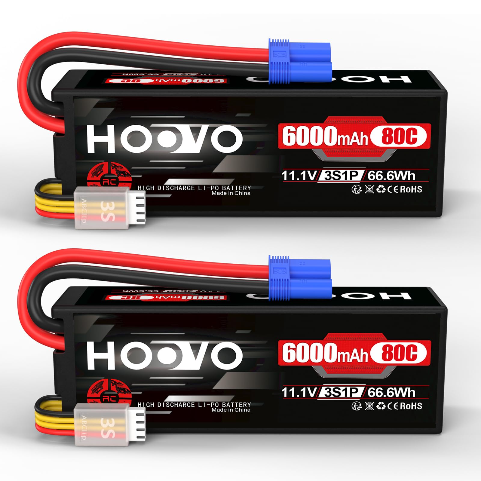 3S Lipo Akku 11.1V 6000mAh 80C Hard Case Lipo Batterien RC Battery mit EC5 Anschlussstecker HOOVO für RC 1/8 1/10 Scale Fahrzeuge Auto LKW Boote (2 Stück)