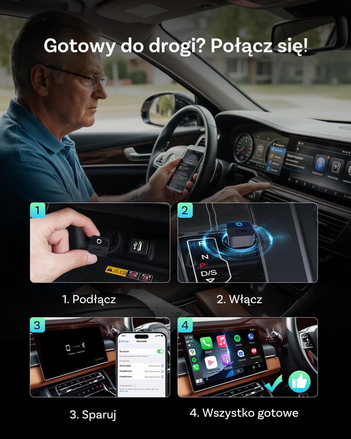 OTTOCAST Mini Pico 2026 Ulepszony, Bezprzewodowy Adapter 2 w 1 CarPlay i Android Auto z USB-A/C, Przełączanie Telefonu Jednym Przyciskiem, Szybkie Połączenie, Plug & Play dla iOS 10+ oraz Android 11+
