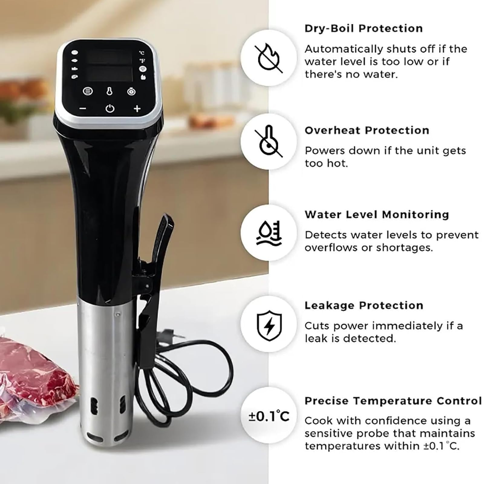 Pałeczka do gotowania sous vide, urządzenie do gotowania sous vide z ekranem dotykowym i wieloma zabezpieczeniami, precyzyjna temperatura i timer, do steków, drobiu, ryb i jajek