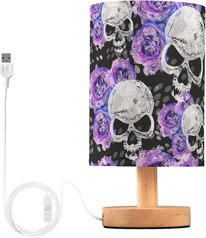 Gothic Pattern Table Lamp with Wood Base and Fabric Shade - Purple, Blue Rose Flower Design for Nightstand, Bedside, Desk, Living Room, Bedroom, Kids Room, Office