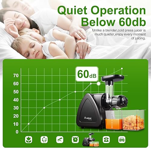 Miniatura 5 de Aobosi - Exprimidor de exprimidor lento con función inversa, motor silencioso, alto rendimiento de jugo con jarra de jugo y cepillo para limpieza,
