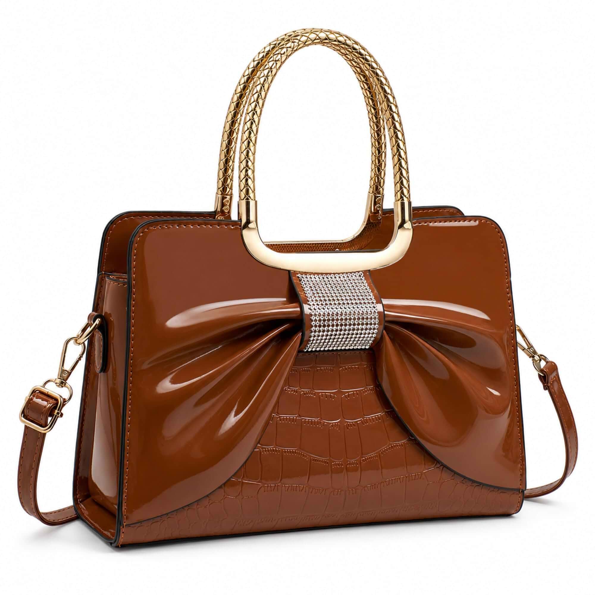 Women’s Glossy Patent Leather Handbag Top Handle Satchel - Medium Structured Shoulder Tote Purse with Adjustable Strap