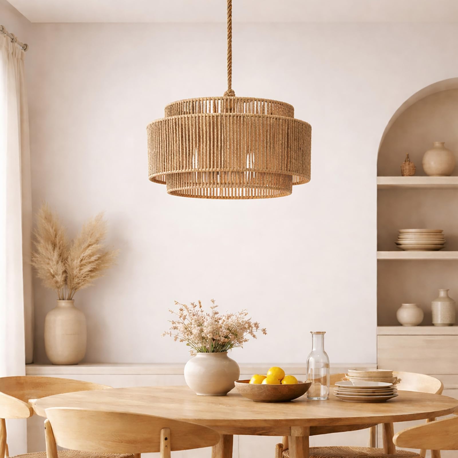 Voltico Beige Rattan Lampshade Pendant Light Shade 32Cm Handwoven Wicker Ceiling Shade Boho Natural Rope Dome Lampshade For Living Room Bedroom Dining Room Easy Fit
