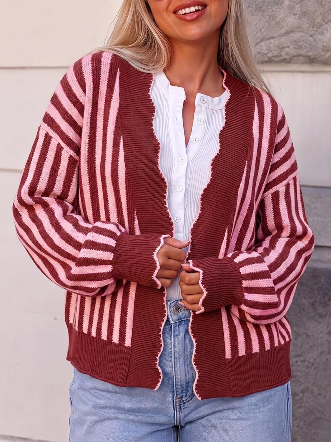  Women's Striped Cardigan Sweater Open Front Ruffle Long Sleeve thumbnail