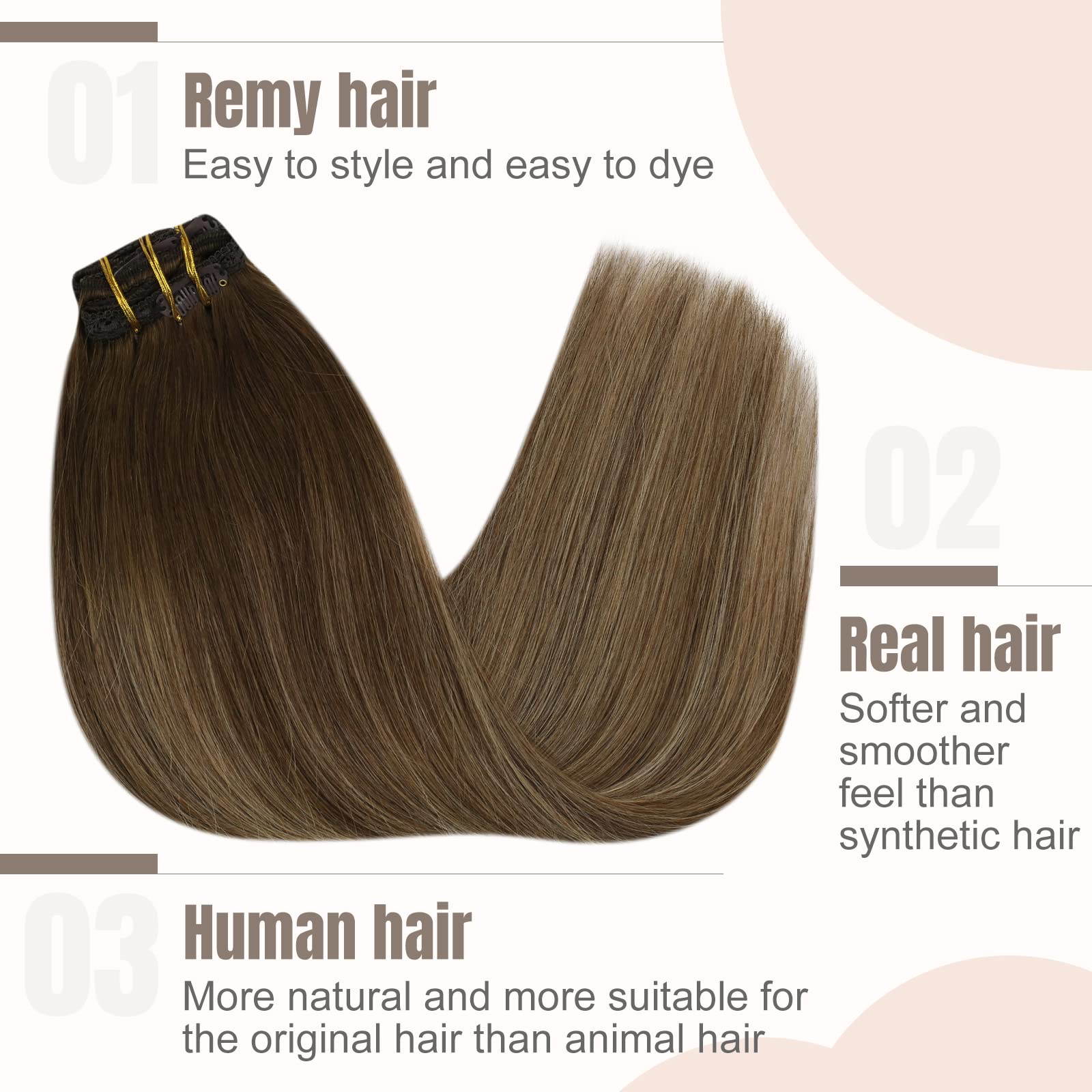 Fshine Extension Clip in Capelli Veri Lisci 50CM 120g Capelli Lunghi Extension 7 Pezzi Capelli Colore Balayage 4 marrone cioccolato a 27 biondo caramello con 4 marroni Extension Clip in Human Hair