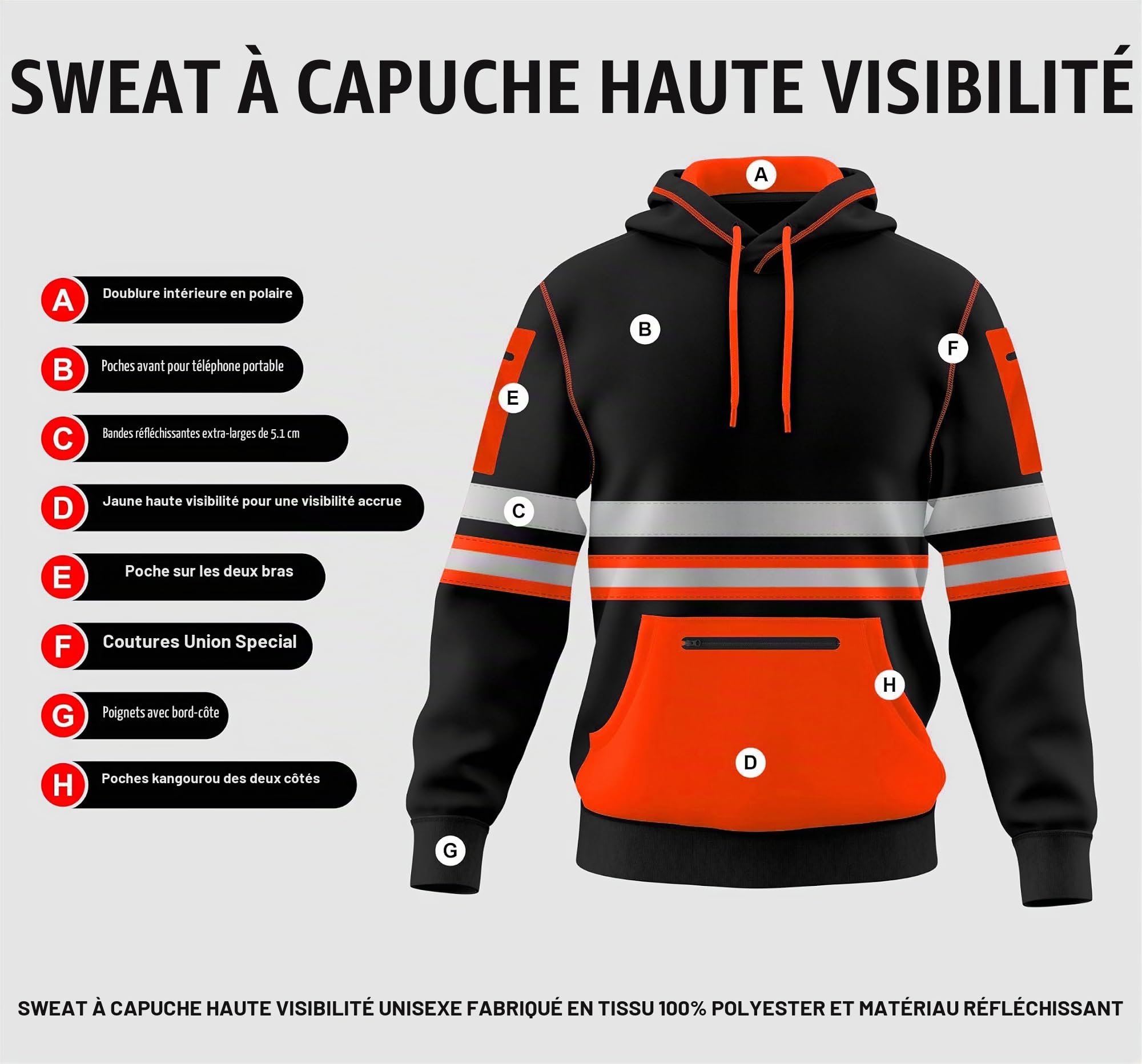TORO ACTIVA Hi Viz Pull à capuche pour homme avec bande de sécurité réfléchissante et poches zippées et cordon de serrage haute visibilité