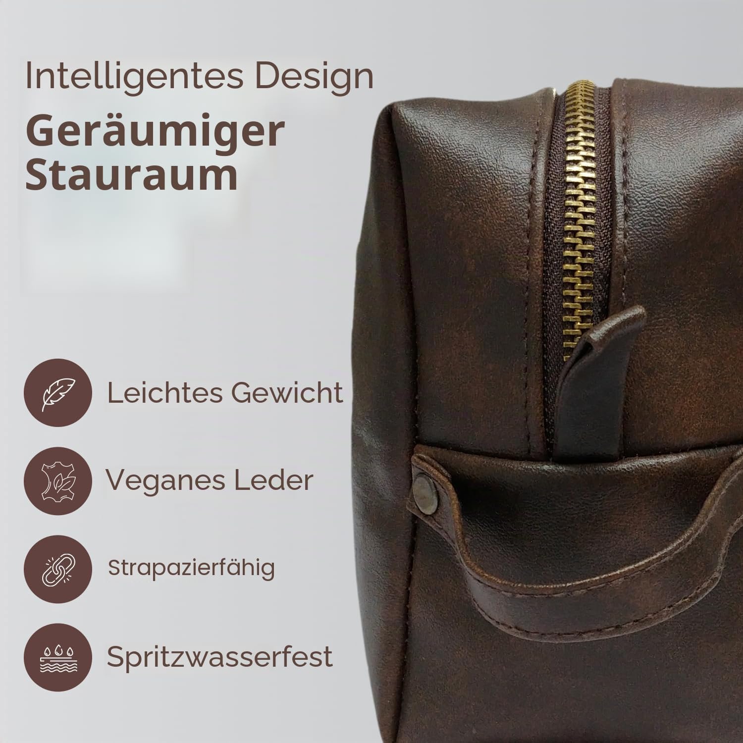 RUBAB Men Premium Kulturbeutel aus veganem Leder für Herren, Rasierset-Tasche & Pflege-Reisetasche für Herren, wasserdichtes Futter, Hellbraun, Pack-It Smart Edition, braun, Pack It Smart