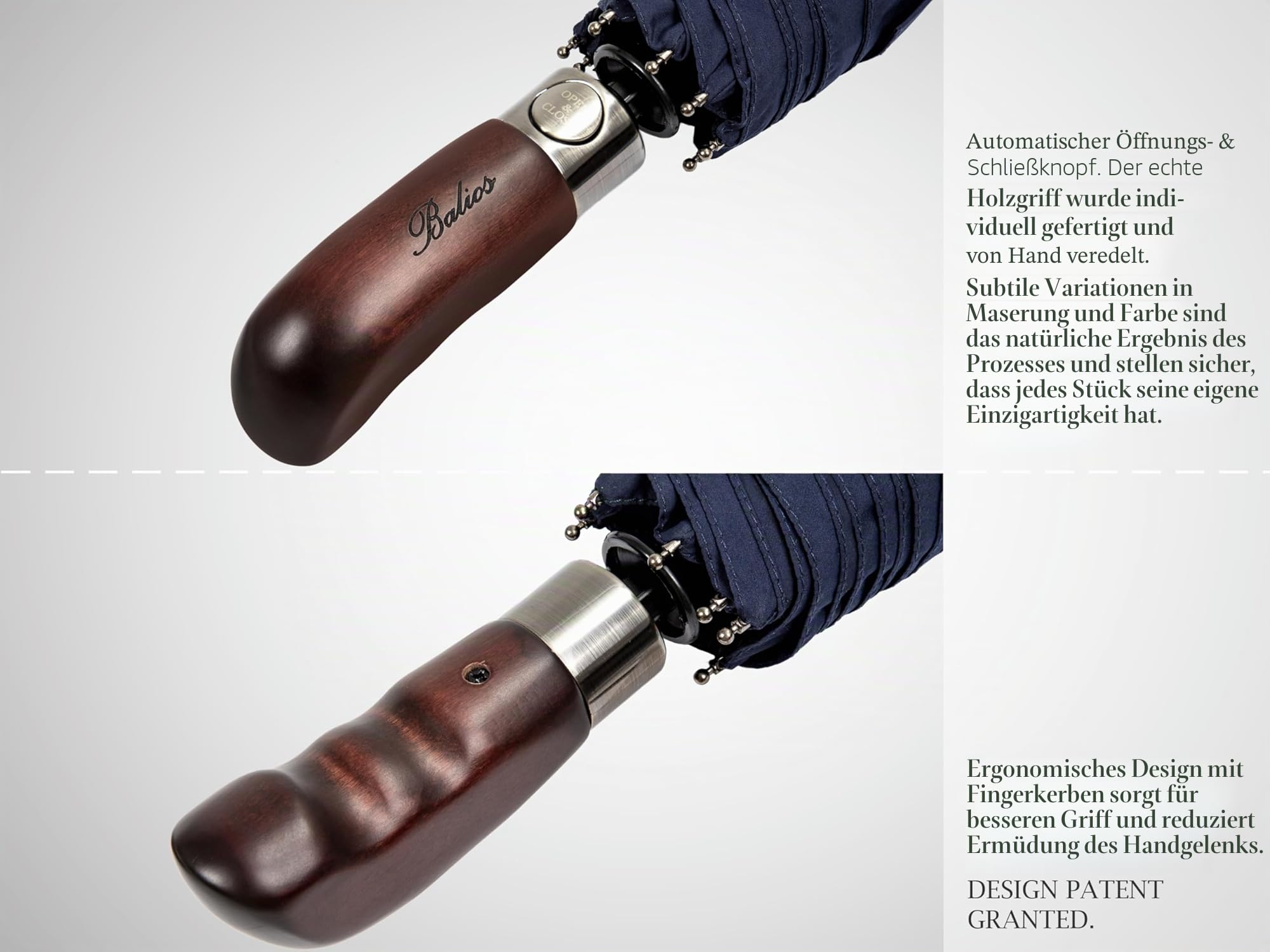 Balios® Regenschirm Mit Echtem Holzgriff -Optional | Auf Zu Automatik | Sturmfest & Windsicher | Taschenschirm Für Herren & Damen (Designed in Britain) (Dunkles Marineblau)