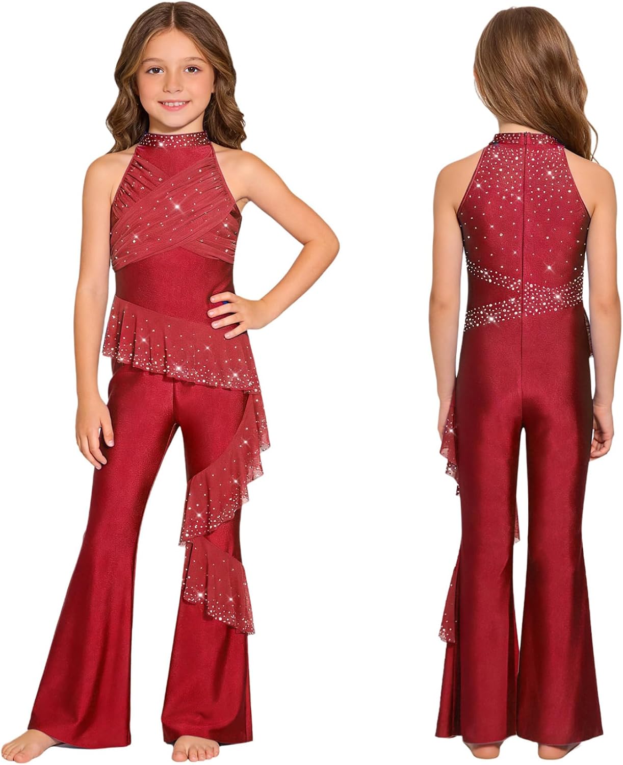 Sparkly Romper Leotard for Girls Bell Bottom Bodysuit Rhinestone Dance Jumpsuit Lyrical Performance Dancewear