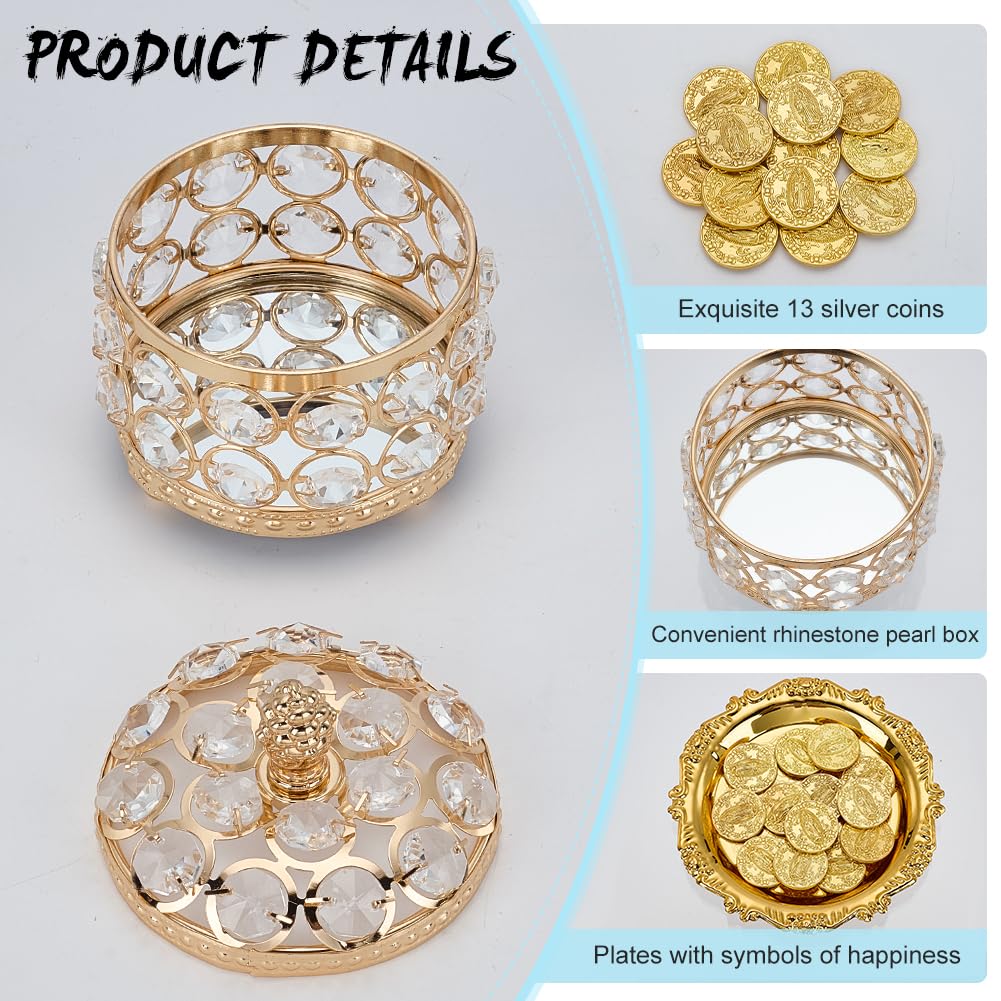 ORIGACH Juego de monedas de oro Arras de Boda, caja redonda con 13 monedas de Jesús y bandeja en relieve, accesorios de boda para ceremonia
