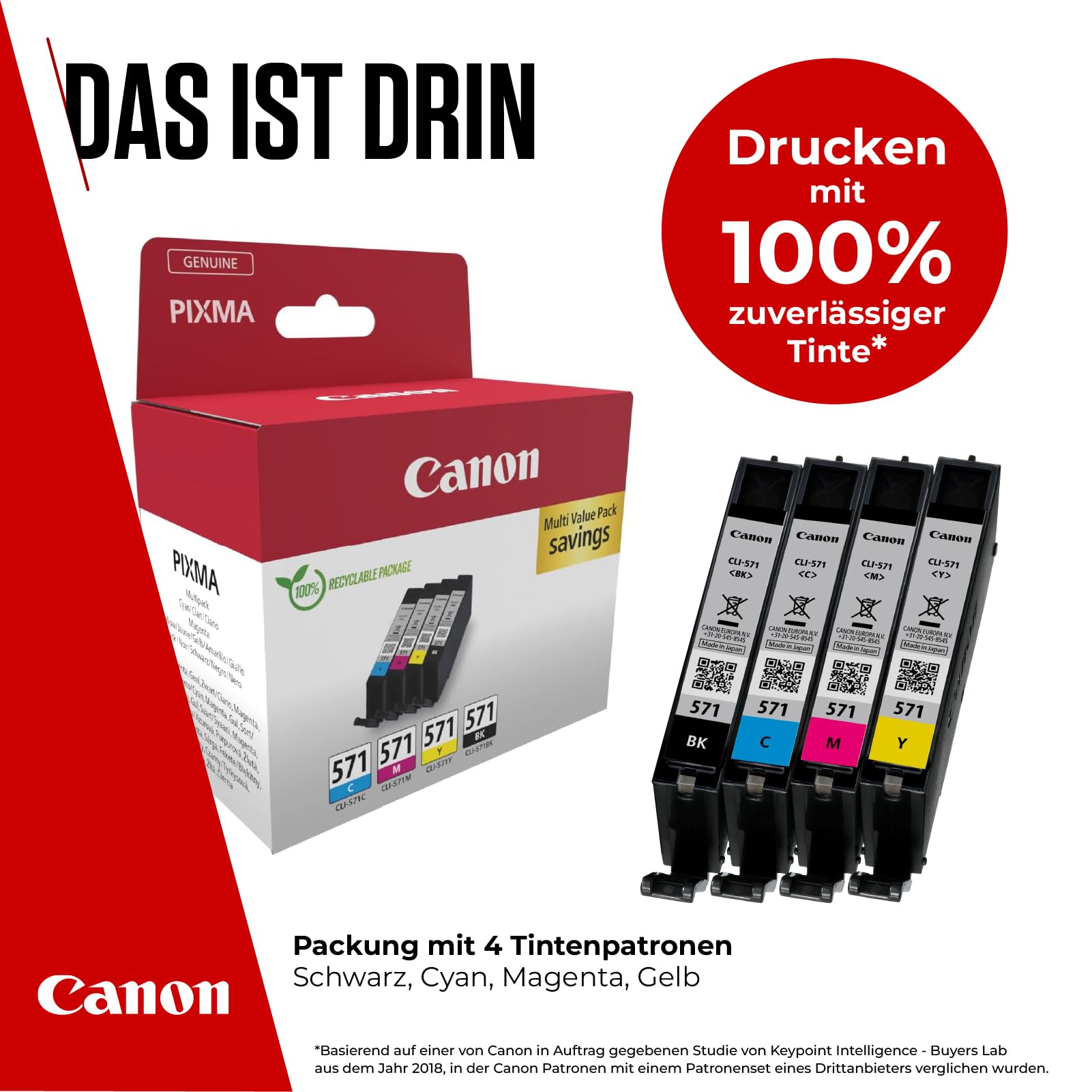Canon CLI-571 C M Y BK Vorteilspack 4 Tintenpatronen (Schwarz, Cyan, Magenta, Gelb) Original [Umweltfreundliche Recycle-Kartonverpackung 2024]