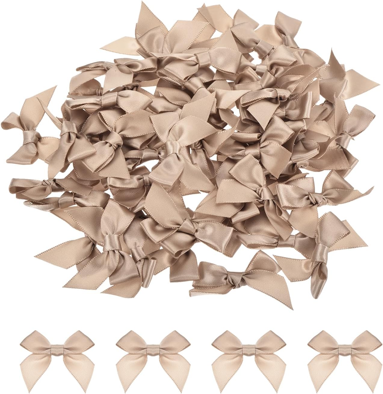 MECCANIXITY 60Pcs Mini Ribbon Bow 1.5" Mini Fabric Satin Ribbon Flower Bows for Craft DIY Sewing Wedding Birthday Party Light Brown