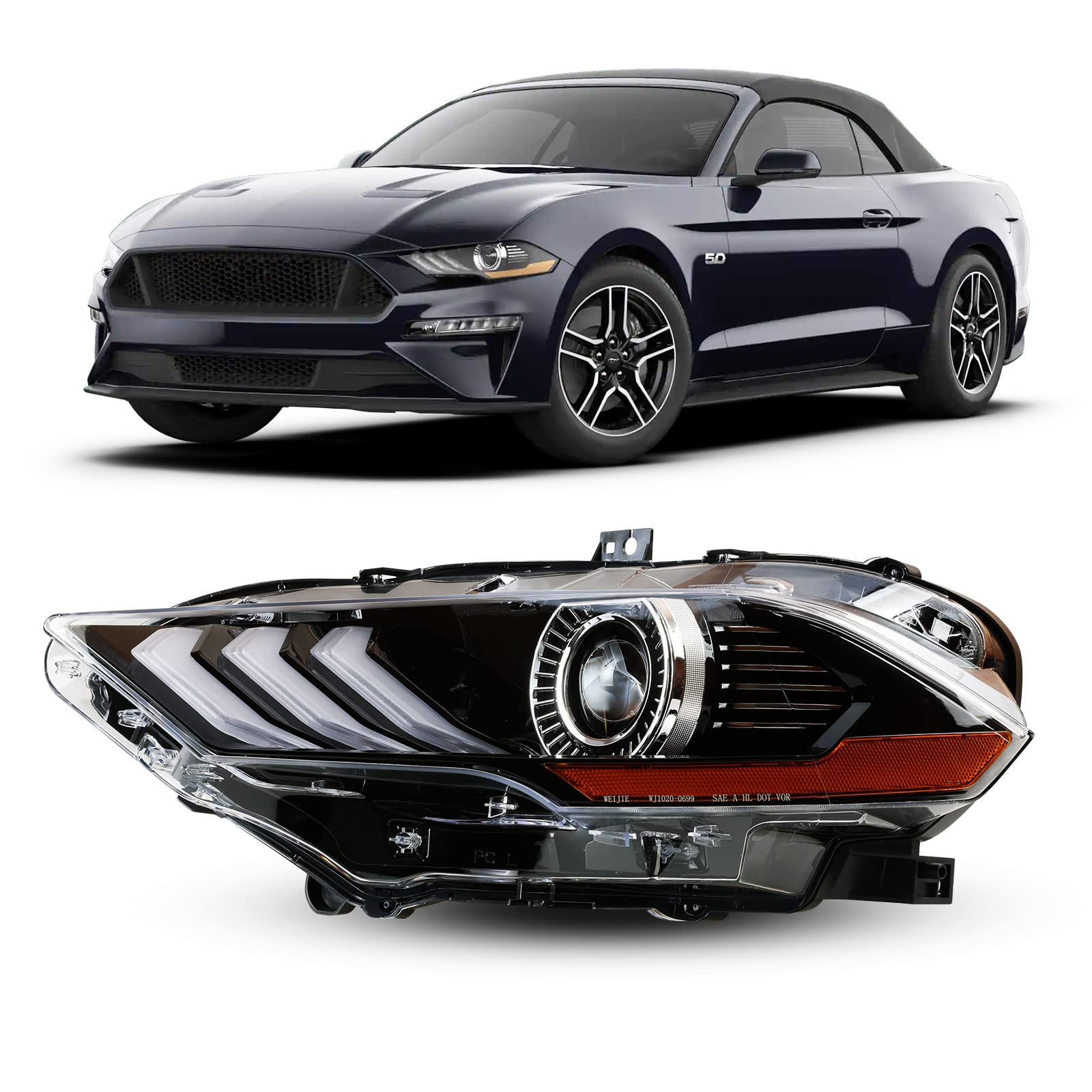 Driver Side LED Headlight Assembly Fit for 2018 2019 2020 2021 2022 Ford Mustang Coupe & Convertible, Full LED Projector DRL Headlamp with High Low Beam Front Lamp Replacement Left Side Only