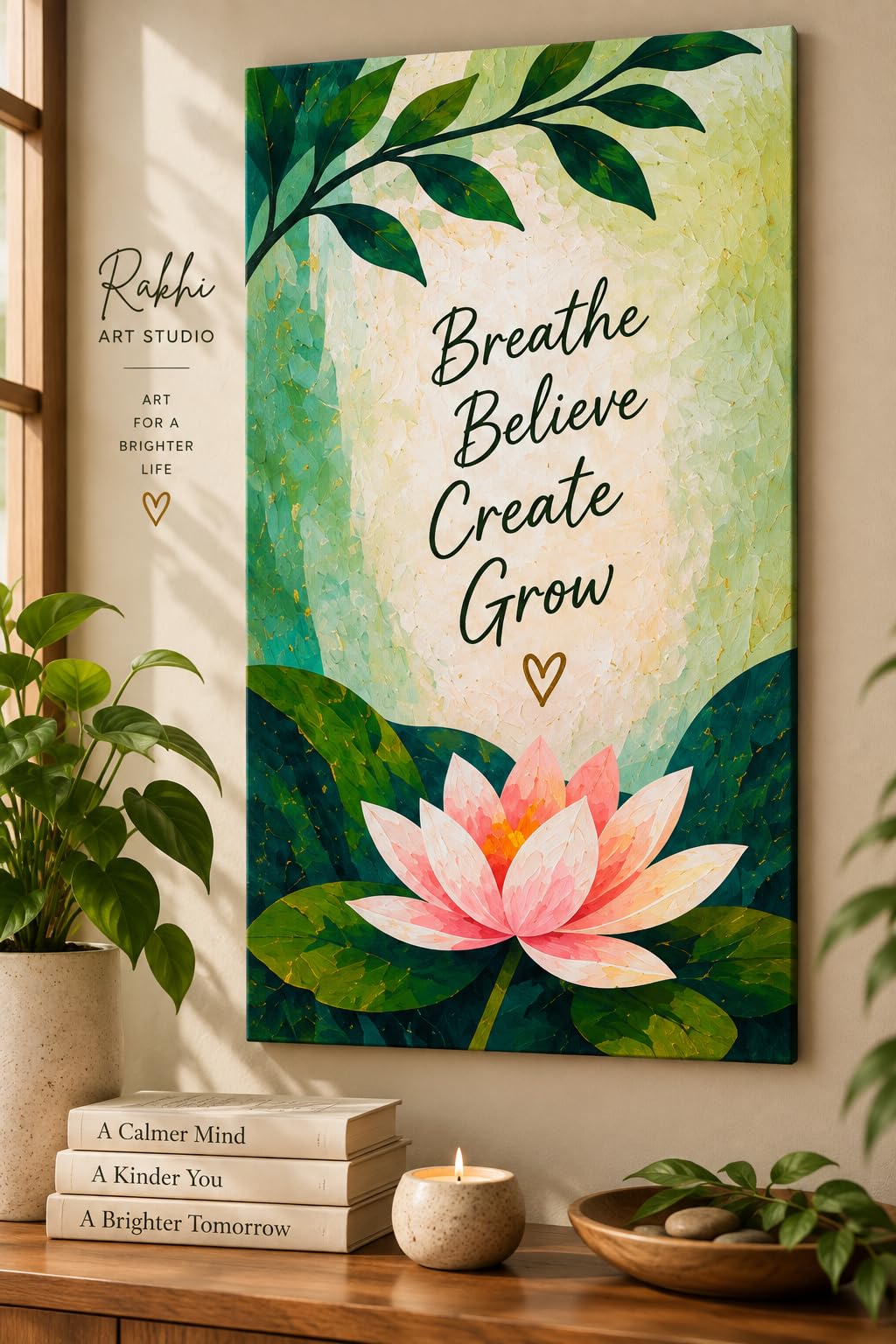 Breathe Believe Create Grow Acrylic Painting Handmade | Original Handmade Art, Lotus Floral Design-picture-24