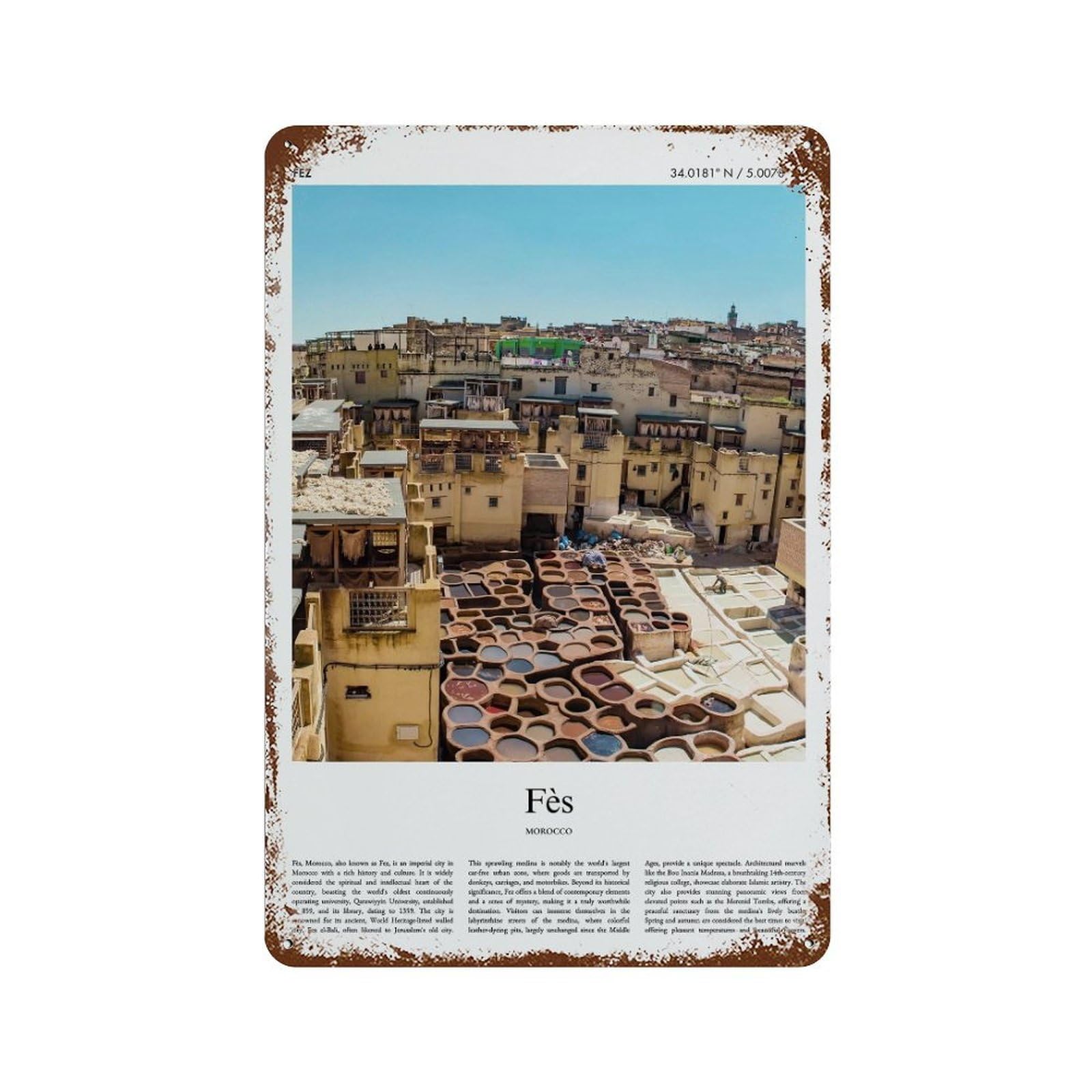 xiaoxiaoshen Fès Morocco City Scenery Wall Decor Art Metal Tin Poster Modern Home Decor Art Home Bar Shop Decorations Vintage Sign 30x20cm
