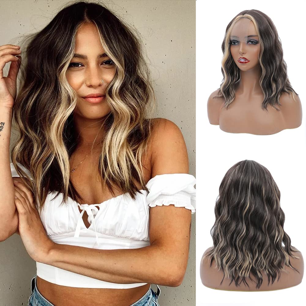 MSMUSAS Short Bob Wavy Wigs 14 Inch Highlight Brown Mixed blonde Wavy Bob Wig Synthetic Shoulder Length Ombre Bob Wigs For Women (Dark Brown Mixed Blonde)