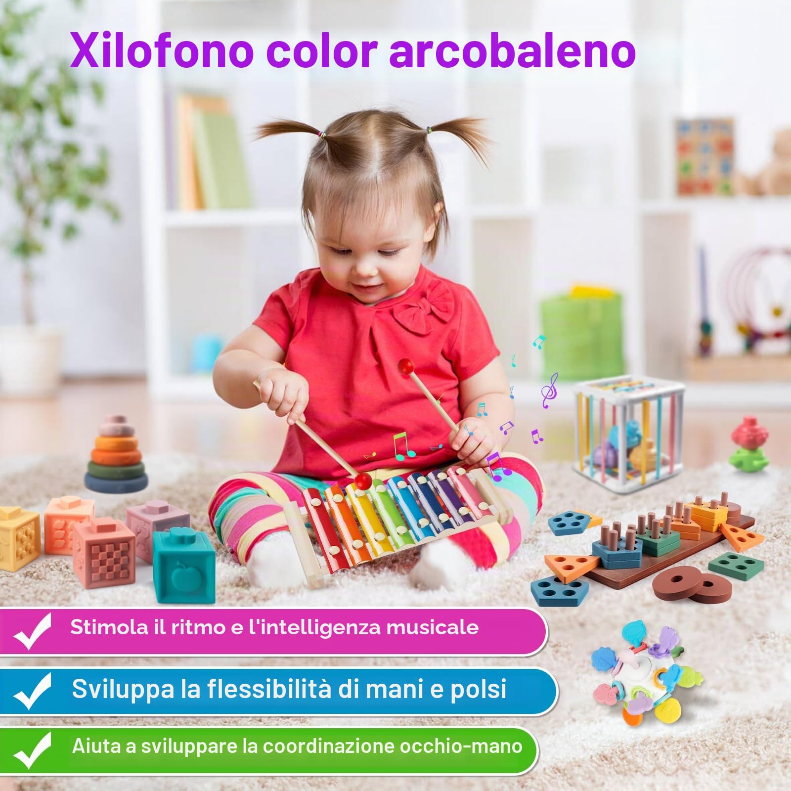 Giochi Montessori 18+ Mesi,6 in 1 Gioco Neonati Bambini, Forme Sensoriali, Ordinazione e Impilazione, Impilazione Blocchi, Sonagli, Giochini Regalo Bambino e Bambina 18 Mesi 2 3 Anno