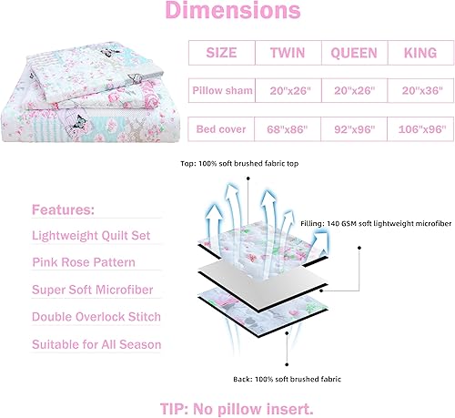 Miniatura 6 de Cmfshape Juego de ropa de cama floral de jardín, colcha acolchada reversible, juego de edredón de mariposa rosa, colcha reversible cosida con 2