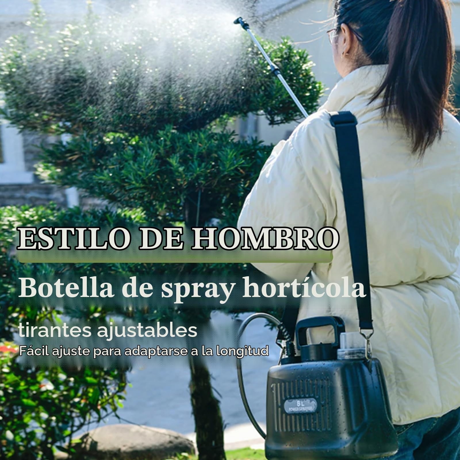 Pulverizador Presión, 8L Batería Pulverizador Jardín con Lanza 4 Boquillas Pulverización Ajustables Pulverizador Mochila con Batería 2400Mah Bomba Automática Lanza Telescópica Tanque Transparente