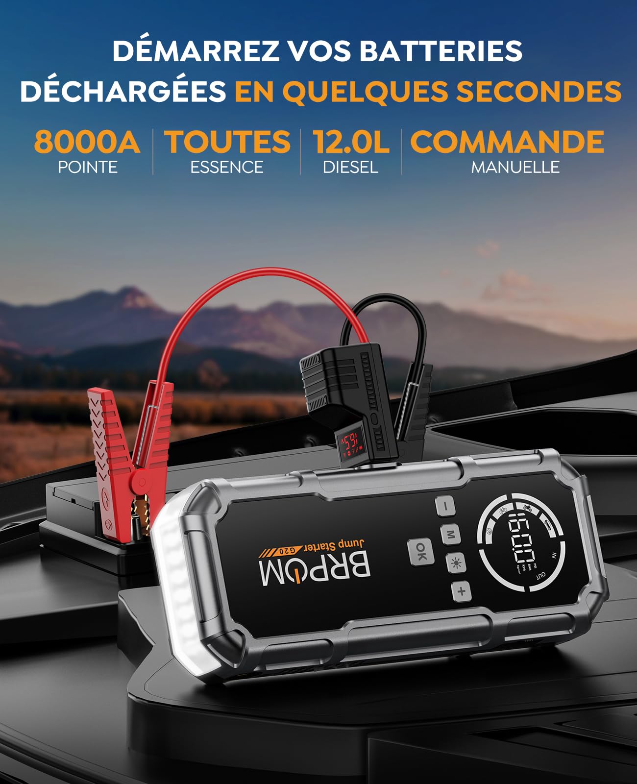 BRPOM Booster Batterie avec Compresseur, 8000A Démarreur Batterie Voiture, 160PSI Gonfleur de Pneus, 12V Jump Starter, Tout Gaz ou 10L Diesel, Écran LCD, Eclairage de Secours, Banque d'alimentation