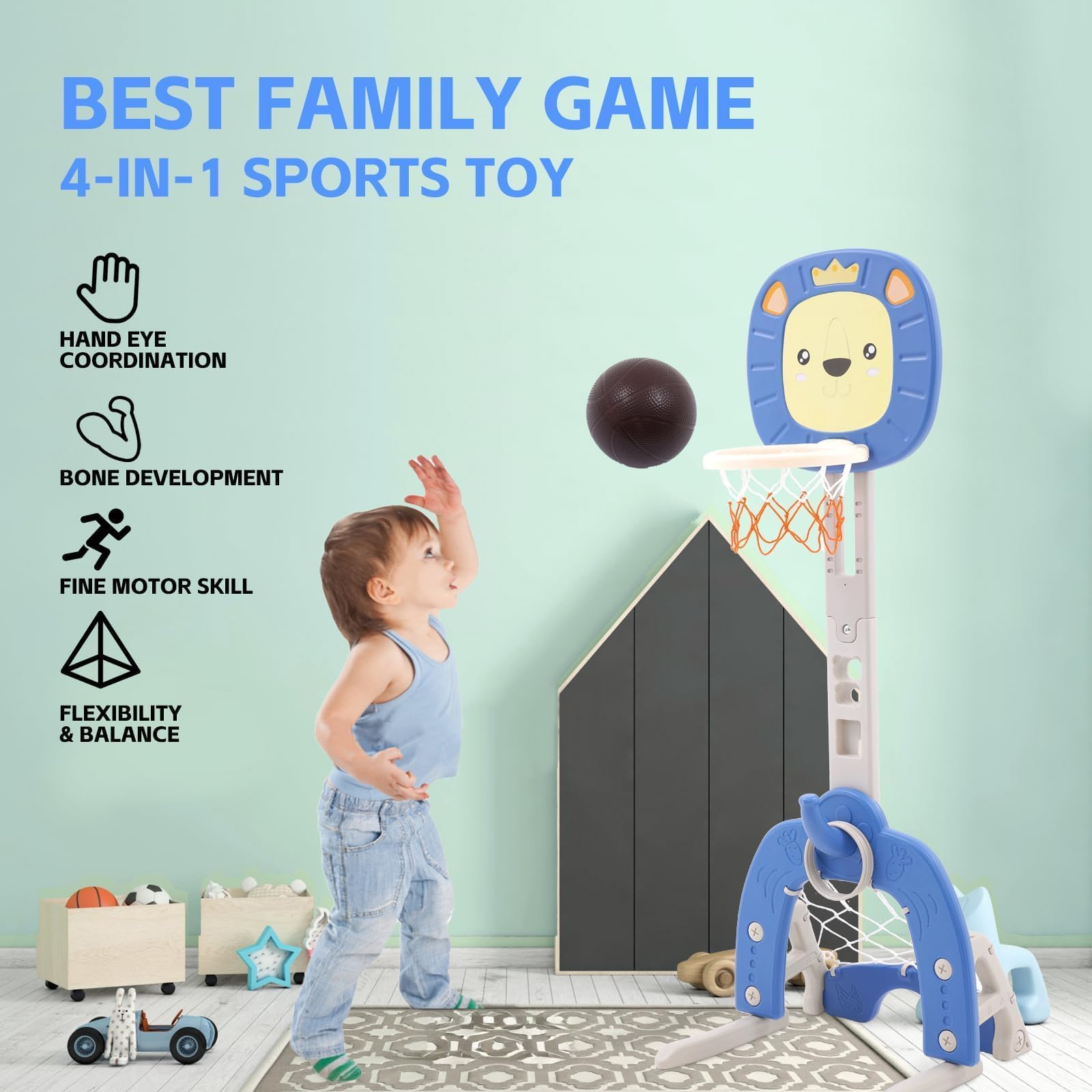 Panier de Basket Enfant 4 en 1 Intérieur avec Jeu de Basketball, Lancer d'Anneaux,Panier de Basket Flottant,Football et Golf - Réglable en Hauteur 120-150cm - pour Enfants 3 à 7 Ans (Bleu)